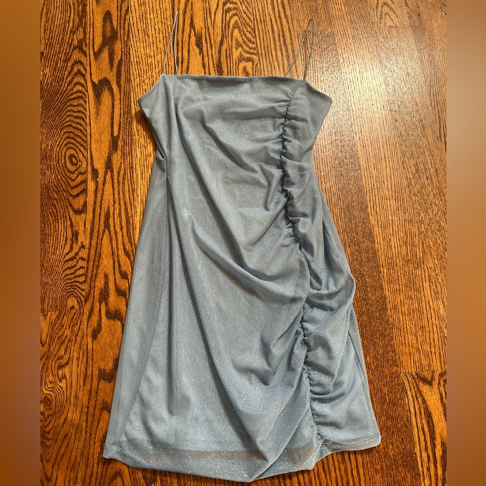 Blue/grey mini dress with sparkly overlay, spaghetti straps.Size M.Like New!